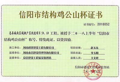 “息县城南区域棚户区改造项目5#、6#意昂代理注册”被授予2018上半年“信阳市结构鸡公山杯”称号
